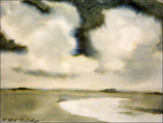 Grosse Wolken über der Hallig, lavierte Tinte