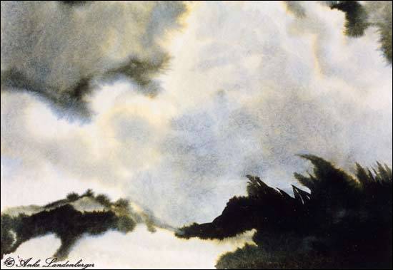 Wolke über der Düne, lavierte Tinte