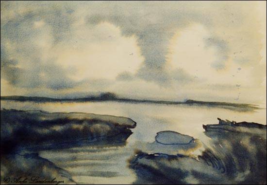 Abbruchkante auf Hallig Hooge, lavierte Tinte