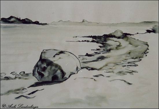 Großer Findling am Strand, Tinte / lavierte Mövenfeder-Zeichnung