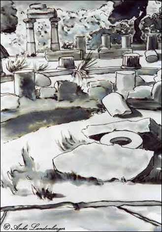 In der antiken Stadt Kaunos (2), Türkei, Tinte / lavierte Federzeichnung